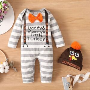 NWT Baby Boy striped Thanksgiving romper, long sleeve, suspenders, beanie, daddy